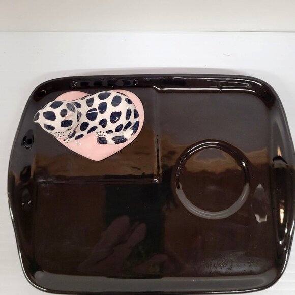 W Gronemeyer Cat Black Tray Glass Cylinder Vase German 7'' Pink Heart Signed MCM - Picture 5 of 8